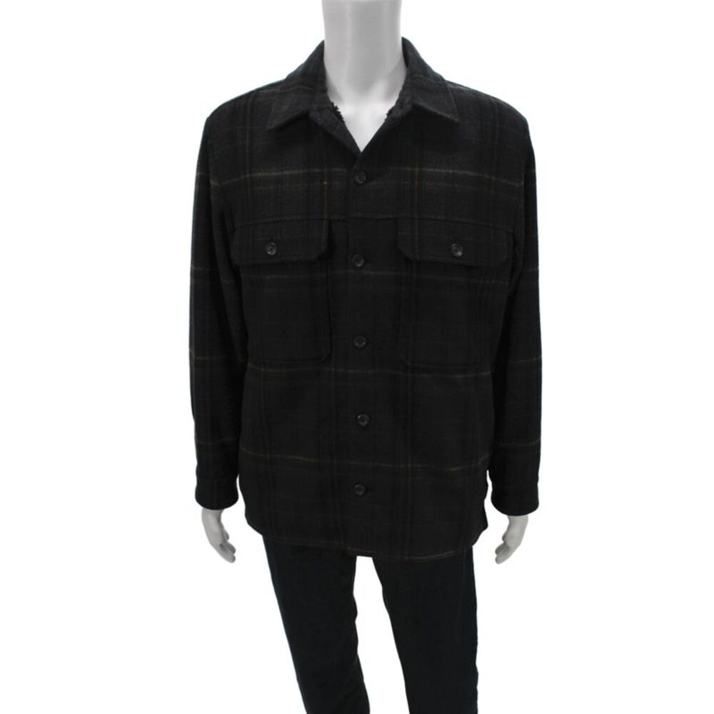 Vince Mens Plaid Wool Jacket Black Button Size L